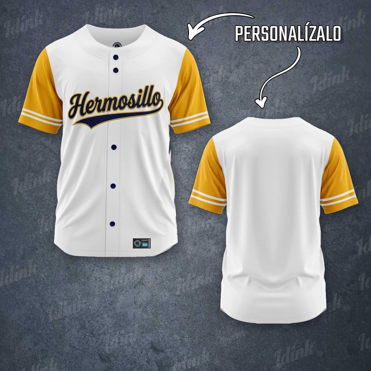 Jersey de béisbol Hermosillo personalizable, vista frontal y espalda
