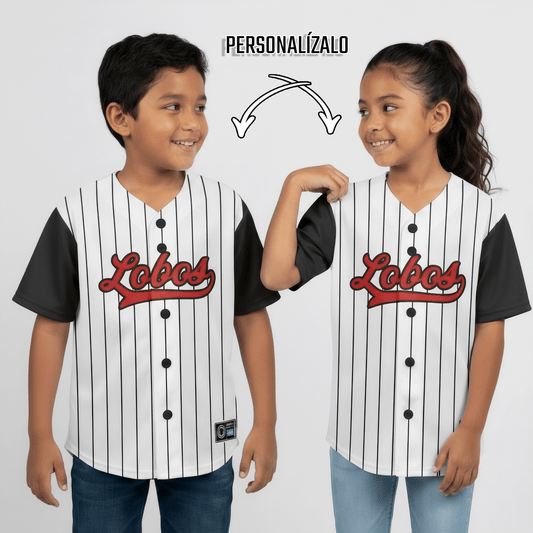 JERSEY BEISBOL PARA NIÑO RAYADO BLANCO Y NEGRO PERSONALIZABLE