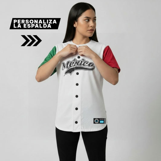 Jersey de béisbol Idink Clothing para dama en color blanco con mangas tricolores y texto México en el frente