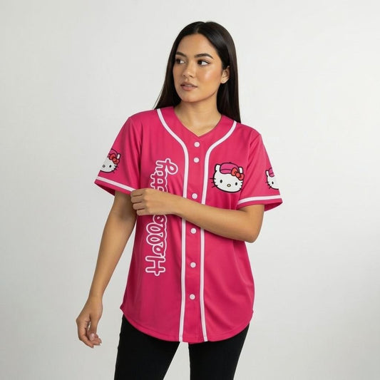 Idink Clothing women's pink Hello Kitty baseball jersey made of breathable polyester with button-up front design