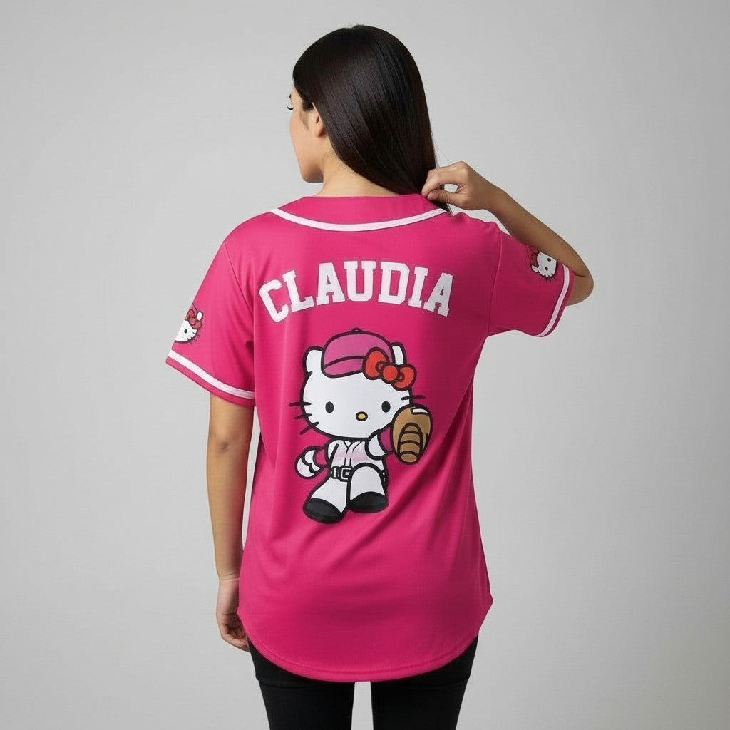 Idink Clothing women's pink Hello Kitty baseball jersey with custom name and number on the back