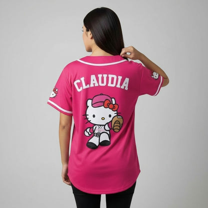 Idink Clothing women's pink Hello Kitty baseball jersey with custom name and number on the back