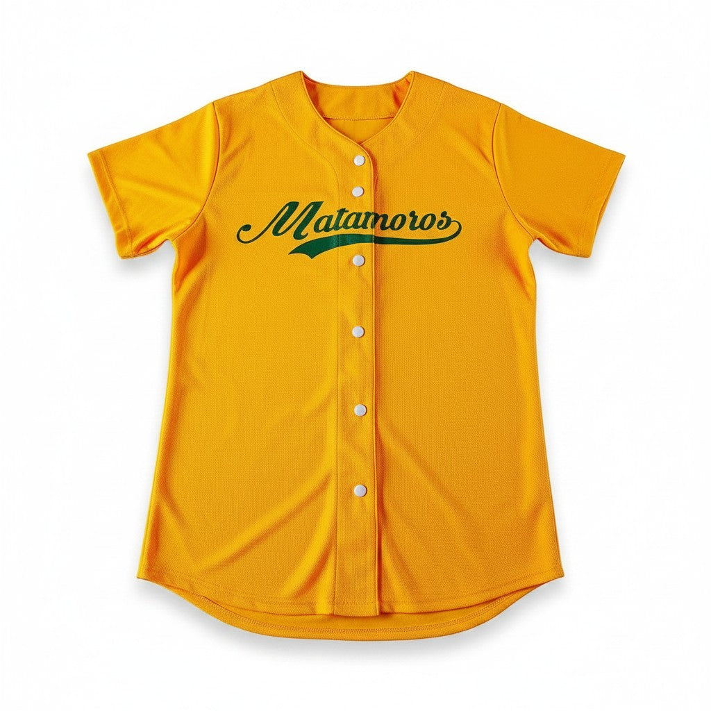 Jersey de béisbol Idink Clothing amarillo con botones frontales y letras verdes personalizadas en el pecho
