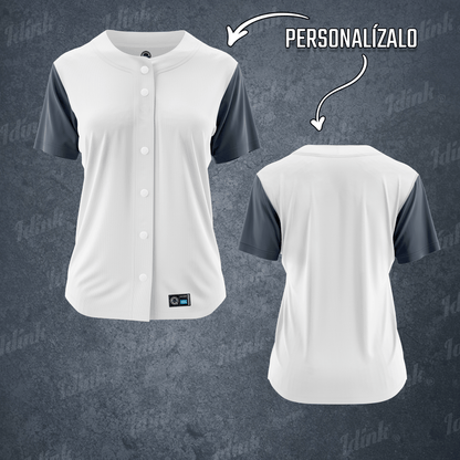 CAMISOLA BEISBOL DAMA BLANCO GRIS OSCURO PERSONALIZABLE