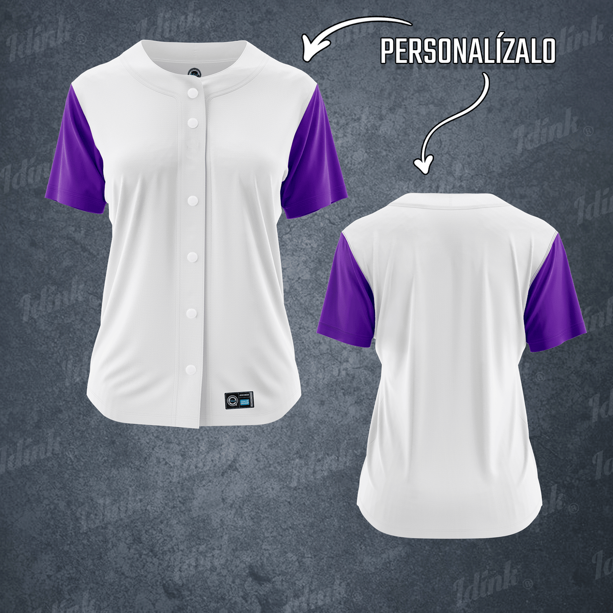 CAMISOLA BEISBOL DAMA BLANCO MORADO PERSONALIZABLE