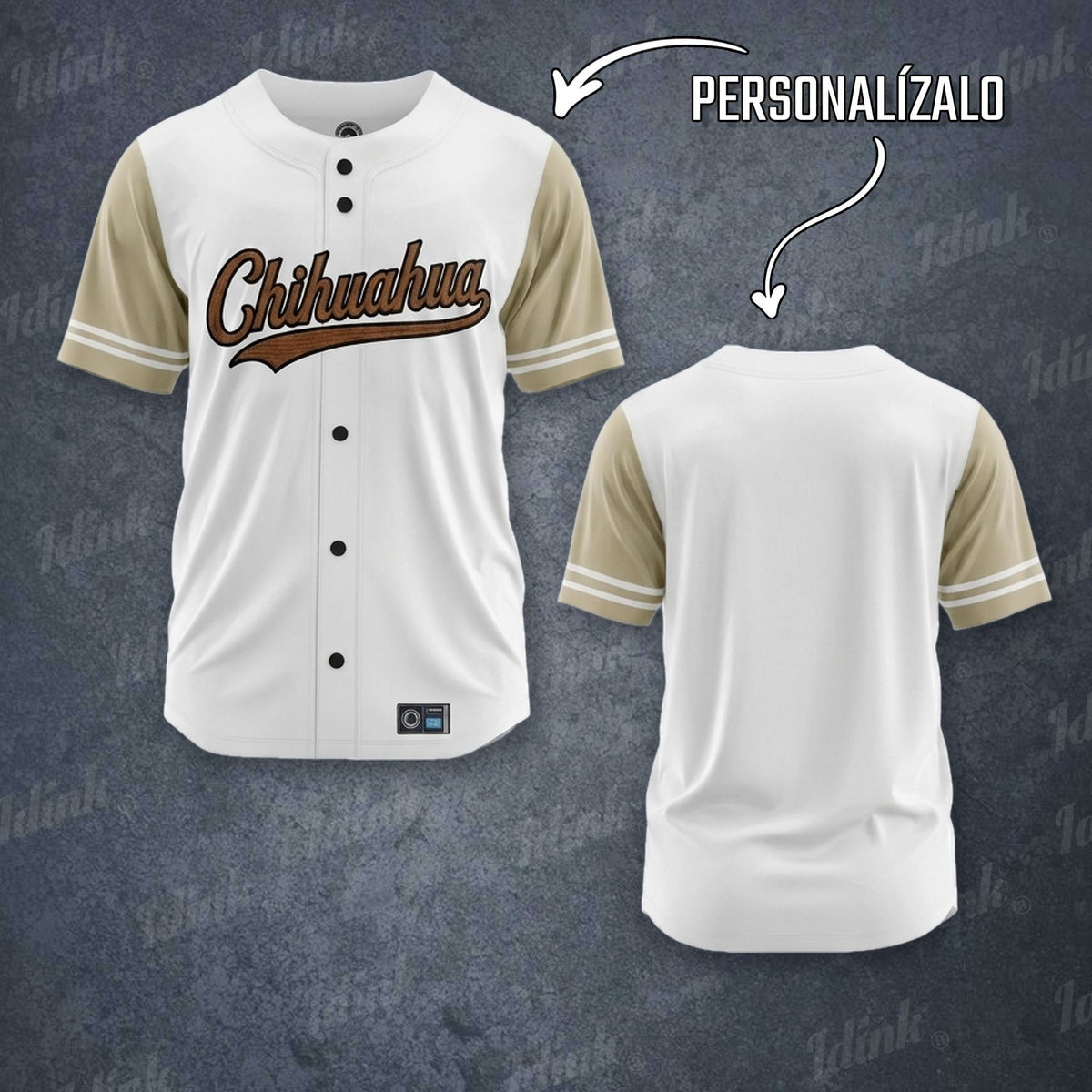 Jersey de béisbol Chihuahua personalizable, vista frontal y espalda