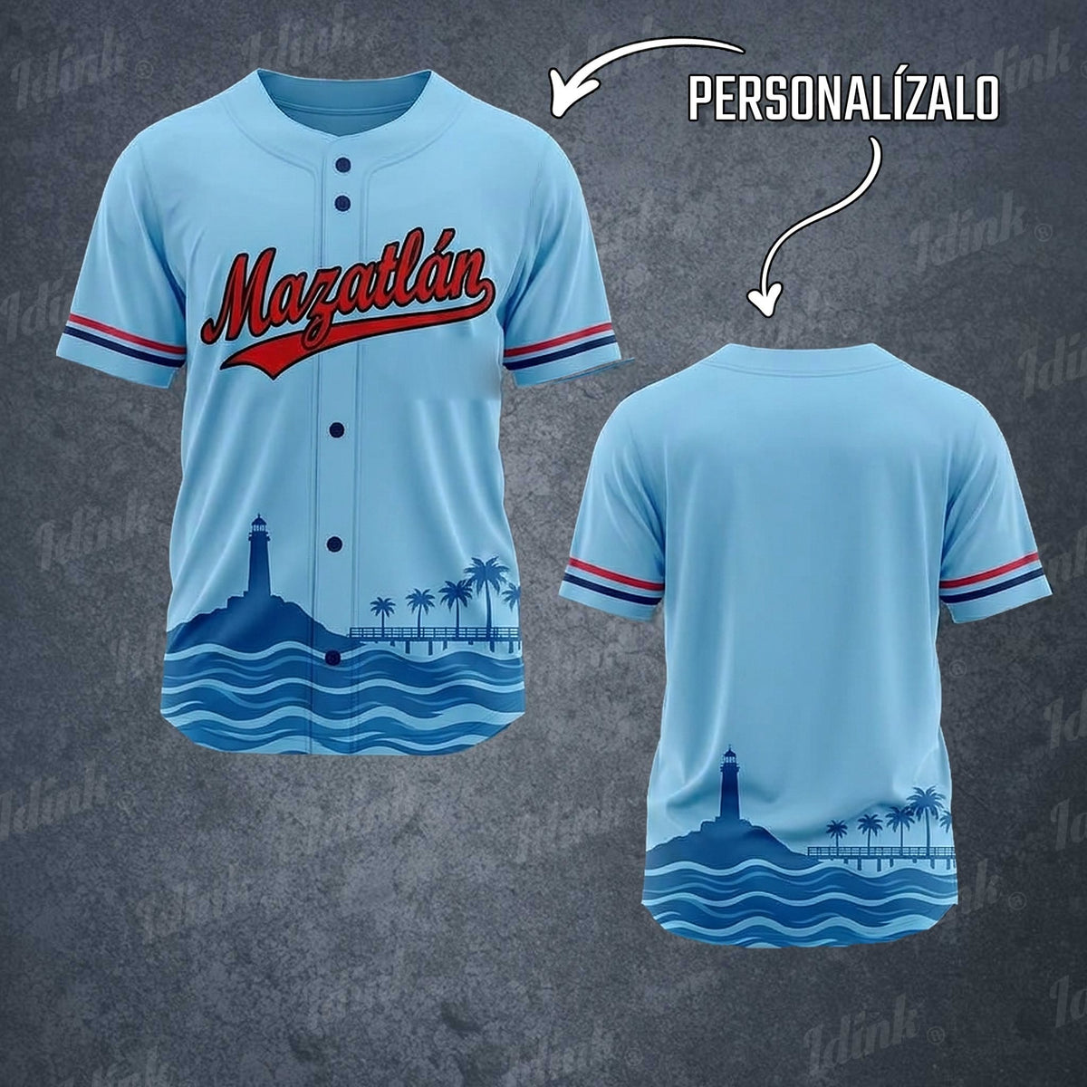 Jersey de béisbol Mazatlán con sublimado inspirado en el puerto de Mazatlán
