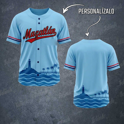 Jersey de béisbol Mazatlán con sublimado inspirado en el puerto de Mazatlán