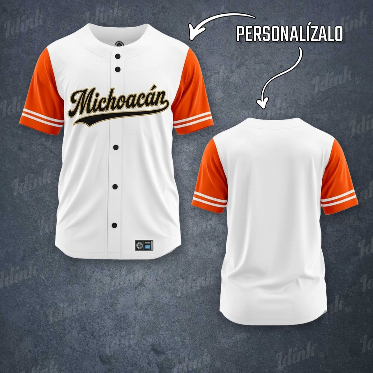 Jersey de béisbol Michoacán personalizable, vista frontal y espalda