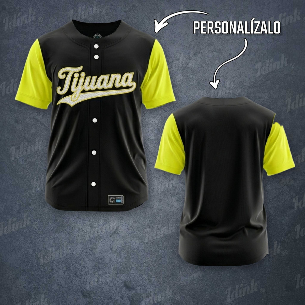 Jersey de béisbol Tijuana personalizable, vista frontal y espalda